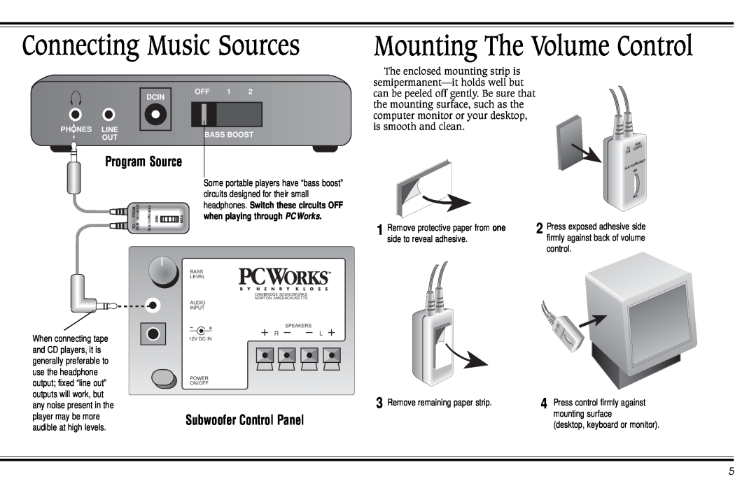 Cambridge SoundWorks PCWorks Speaker System Connecting Music Sources, Mounting The Volume Control, Program Source, control 