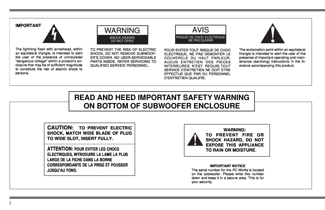 Cambridge SoundWorks PCWorks Speaker System Avis, Read And Heed Important Safety Warning, On Bottom Of Subwoofer Enclosure 