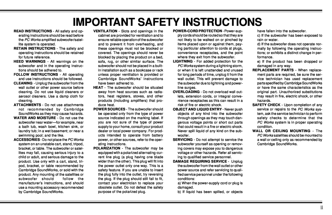 Cambridge SoundWorks PCWorks Speaker System operating instructions Important Safety Instructions 