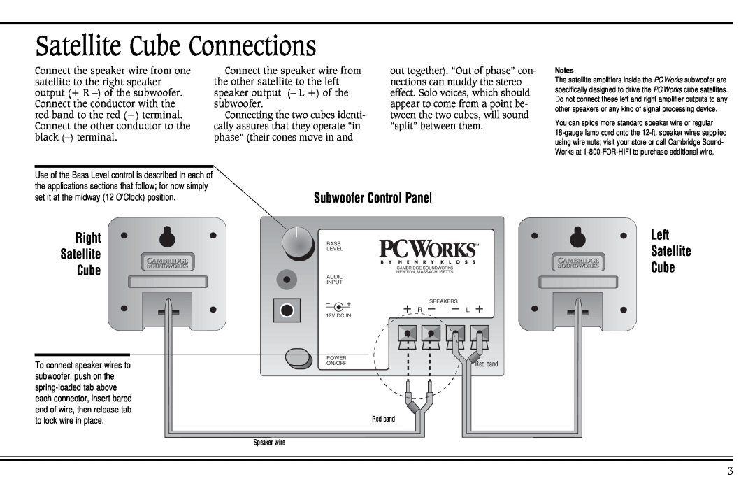 Cambridge SoundWorks PCWorks Speaker System Satellite Cube Connections, Right Satellite Cube, Subwoofer Control Panel 