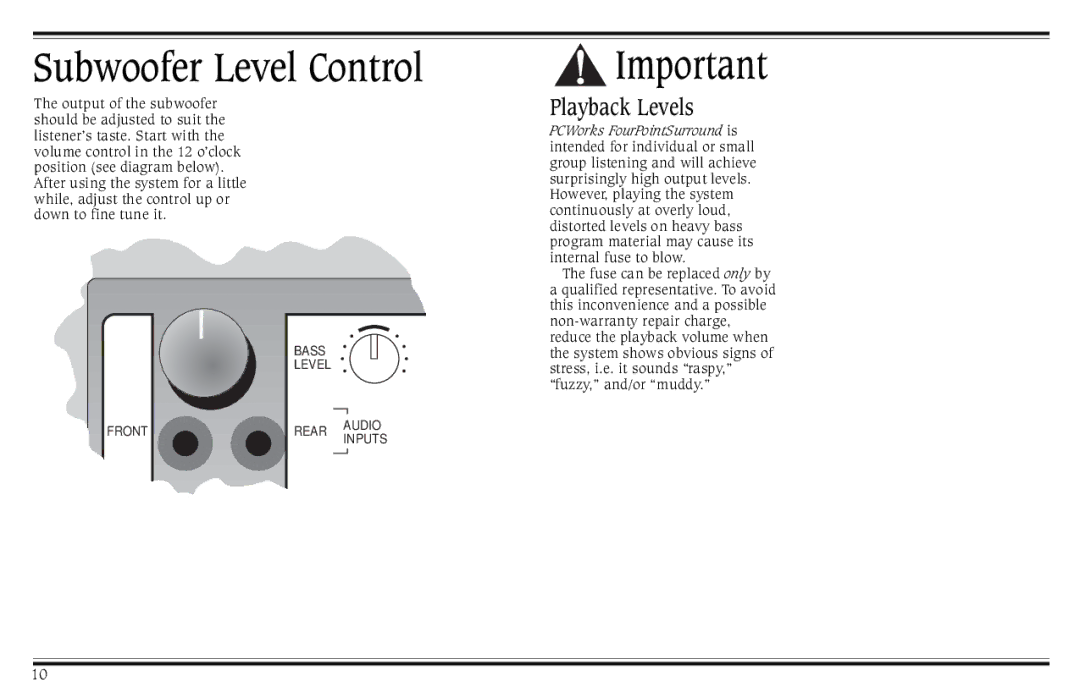 Cambridge SoundWorks PCWorks manual Subwoofer Level Control, Playback Levels 