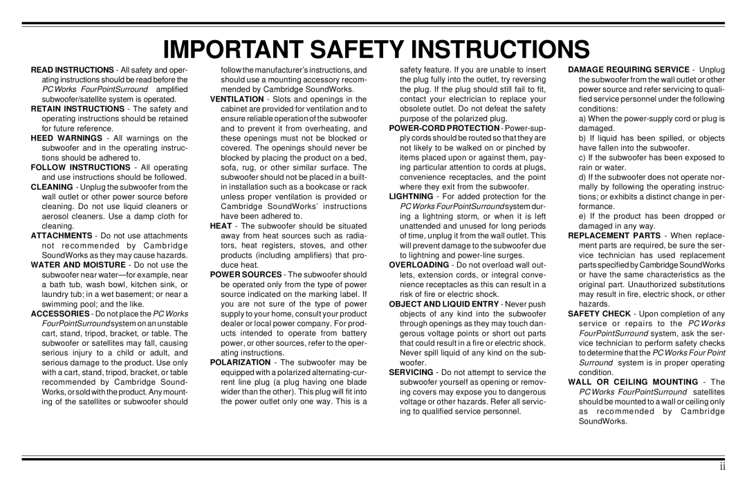 Cambridge SoundWorks PCWorks manual Important Safety Instructions 