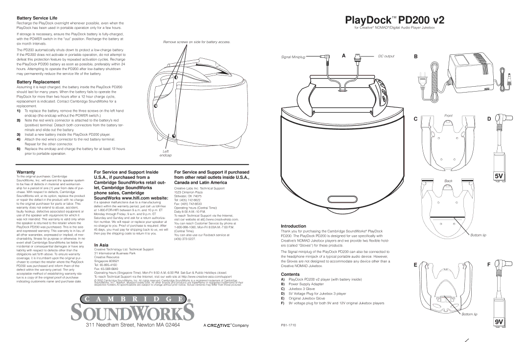 Cambridge SoundWorks PD200 V2 warranty Battery Service Life, Battery Replacement, Warranty, Introduction, Asia, Contents 