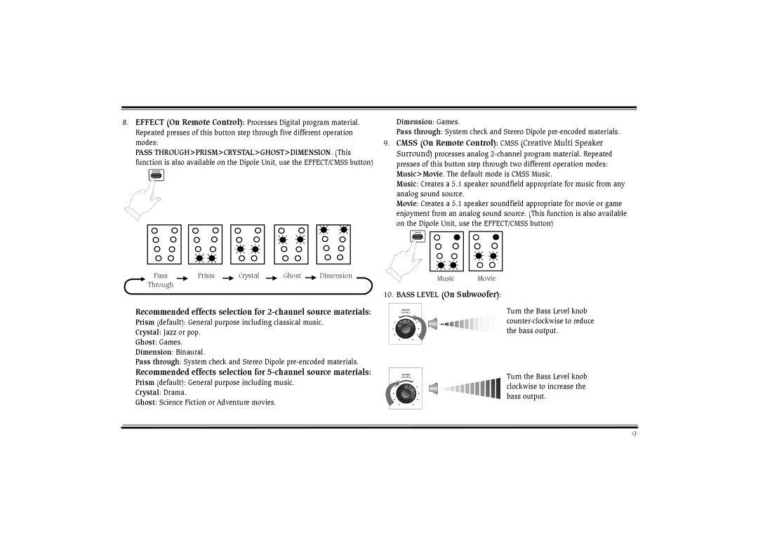 Cambridge SoundWorks PS2000 manual Recommended effects selection for 2-channel source materials 