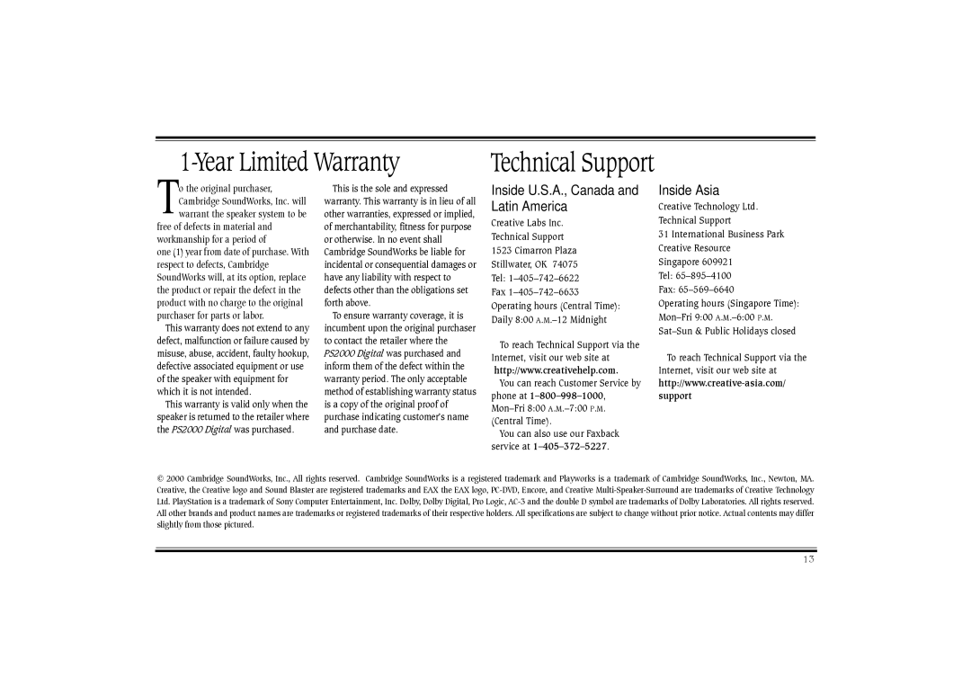 Cambridge SoundWorks PS2000 manual Inside U.S.A., Canada Latin America 