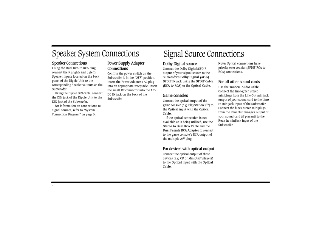 Cambridge SoundWorks PS2000 Speaker Connections, Power Supply Adapter Connections, Dolby Digital source, Game consoles 