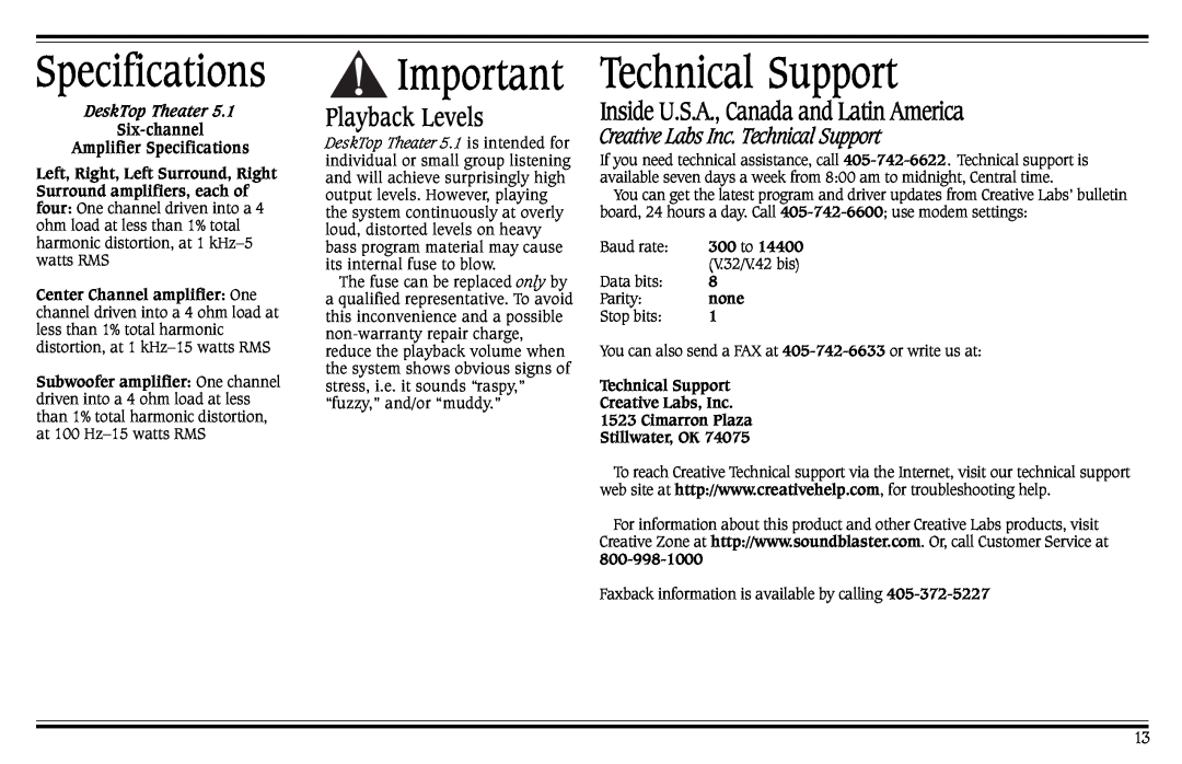Cambridge SoundWorks Speaker System manual Specifications, Technical Support, Playback Levels, DeskTop Theater 