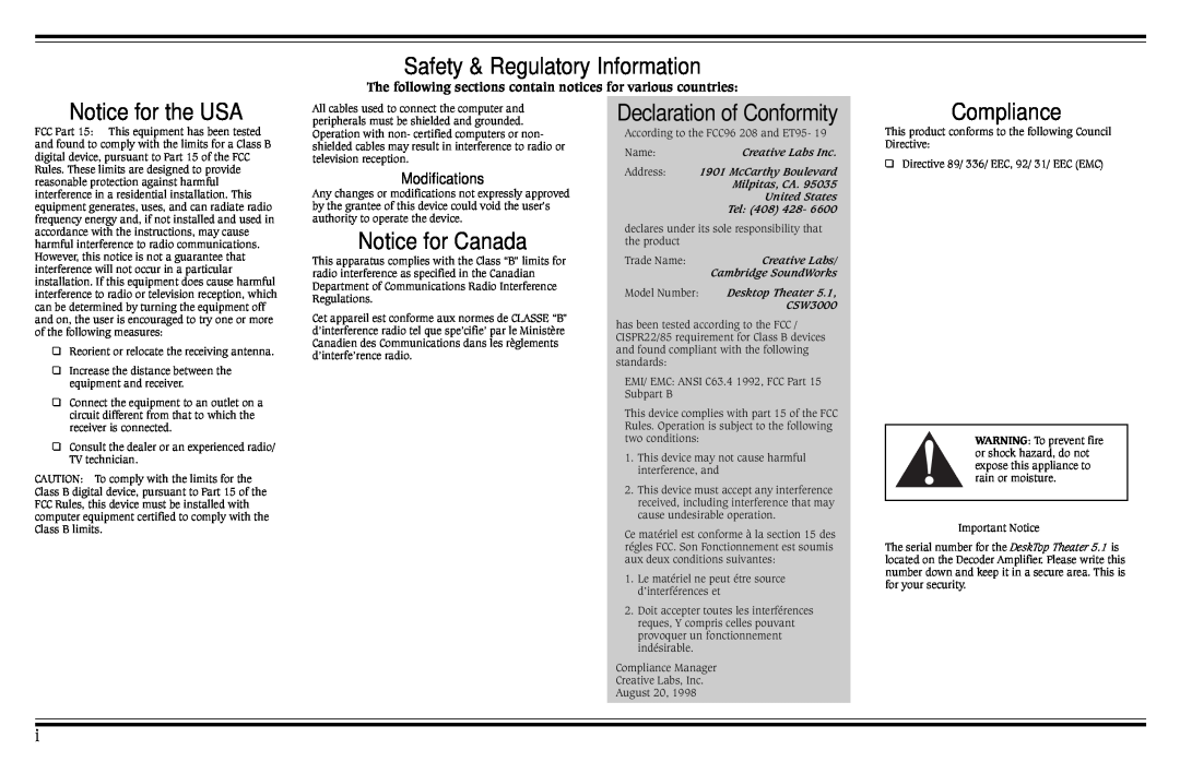 Cambridge SoundWorks Speaker System Safety & Regulatory Information, Notice for the USA, Notice for Canada, Compliance 