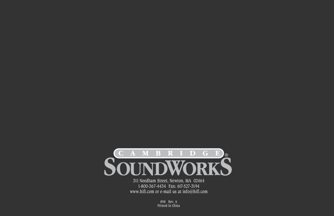 Cambridge SoundWorks Speaker System manual Needham Street, Newton, MA 