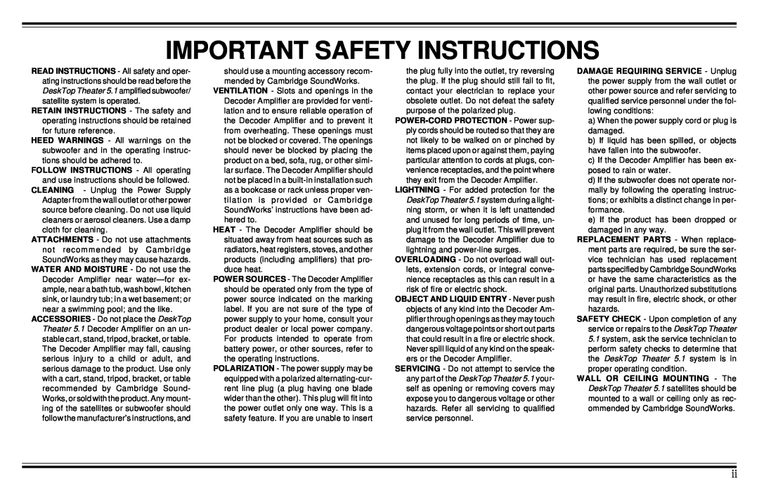 Cambridge SoundWorks Speaker System manual Important Safety Instructions 