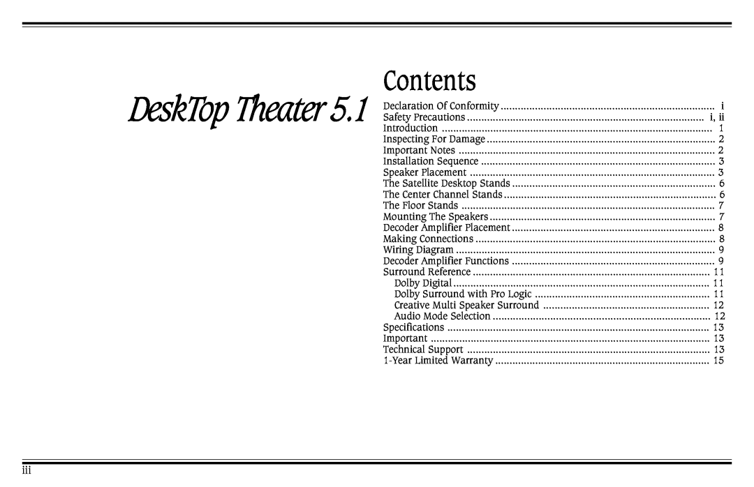 Cambridge SoundWorks Speaker System manual Contents, DeskTop Theater 