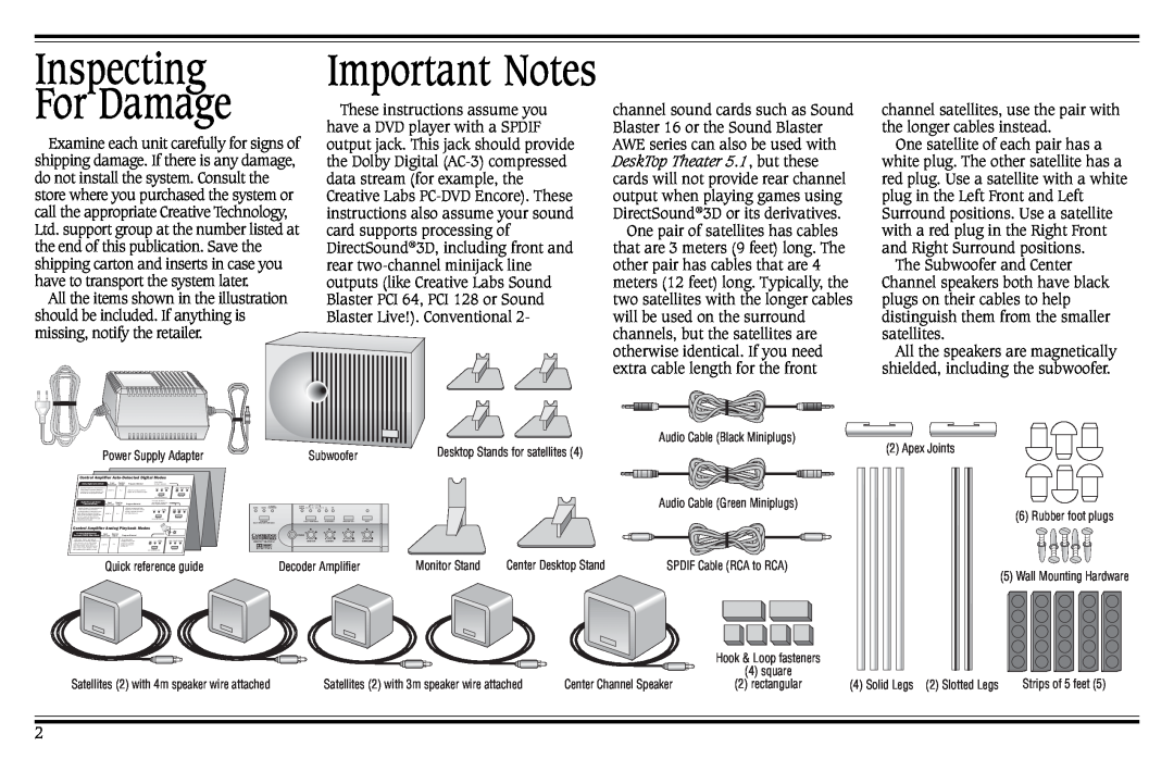 Cambridge SoundWorks Speaker System manual Inspecting For Damage, Important Notes 