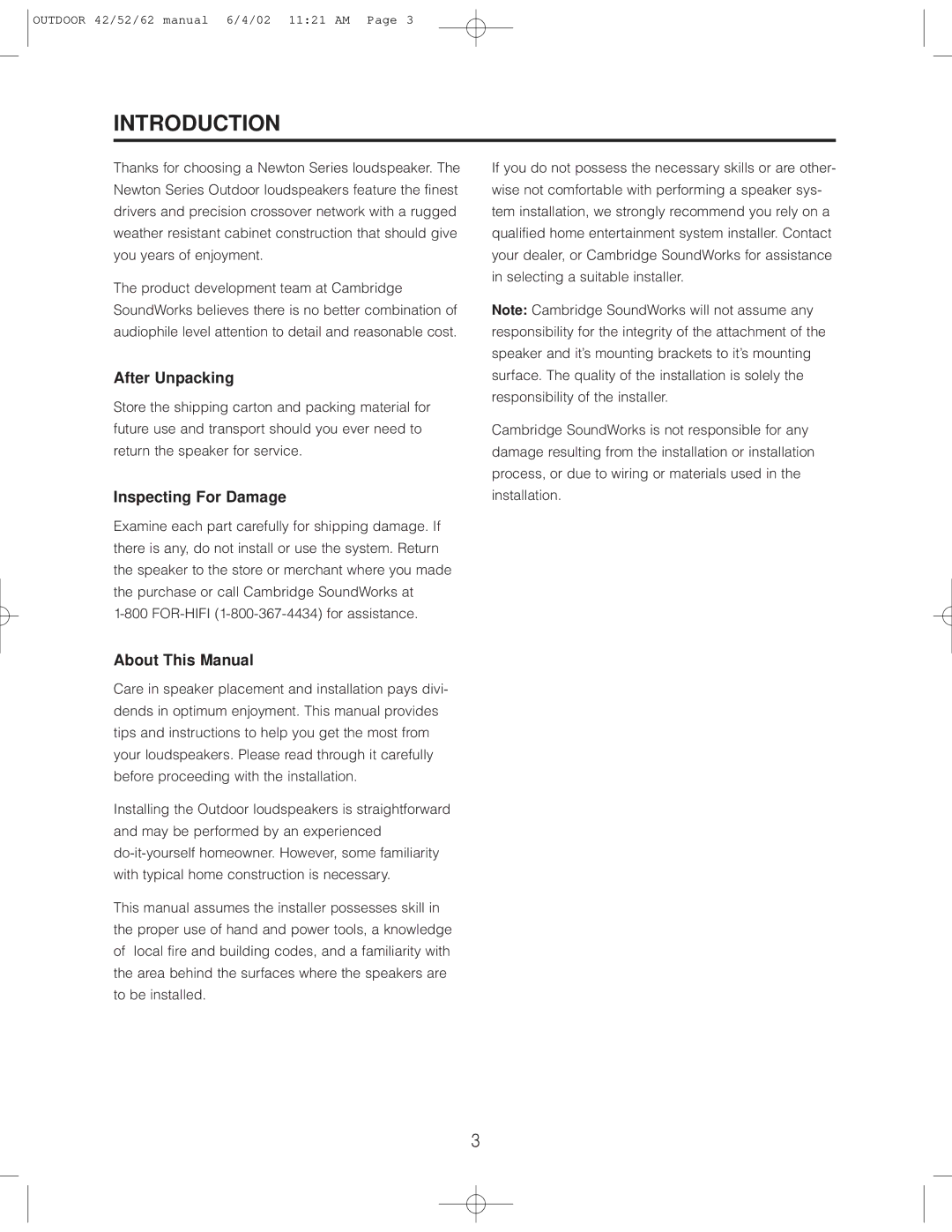 Cambridge SoundWorks Speaker user manual Introduction, After Unpacking 