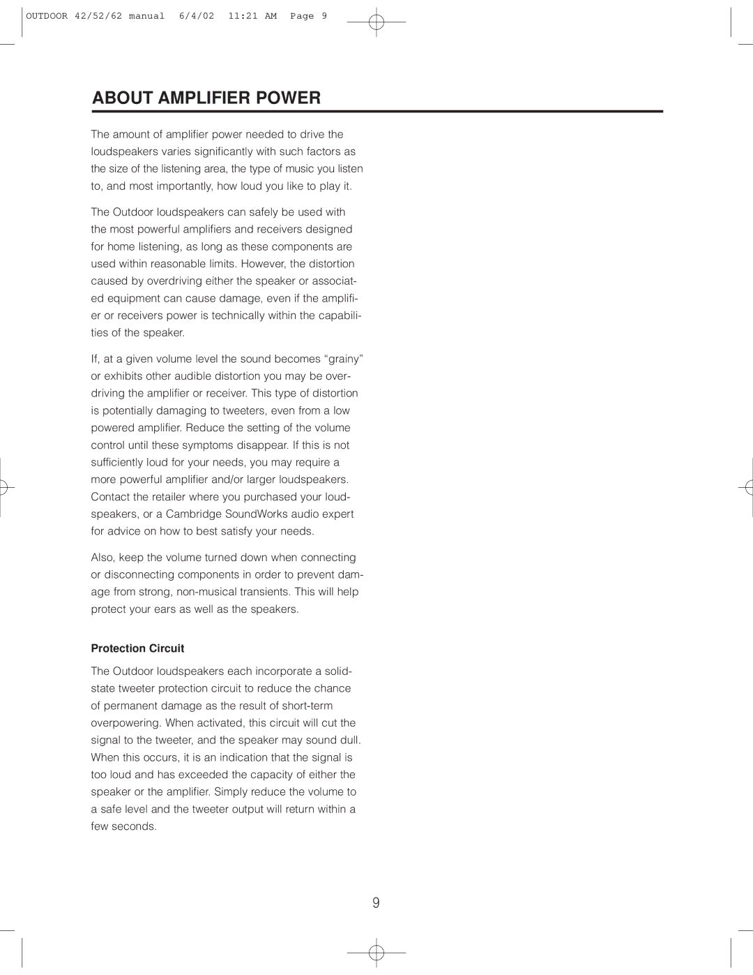 Cambridge SoundWorks Speaker user manual About Amplifier Power, Protection Circuit 