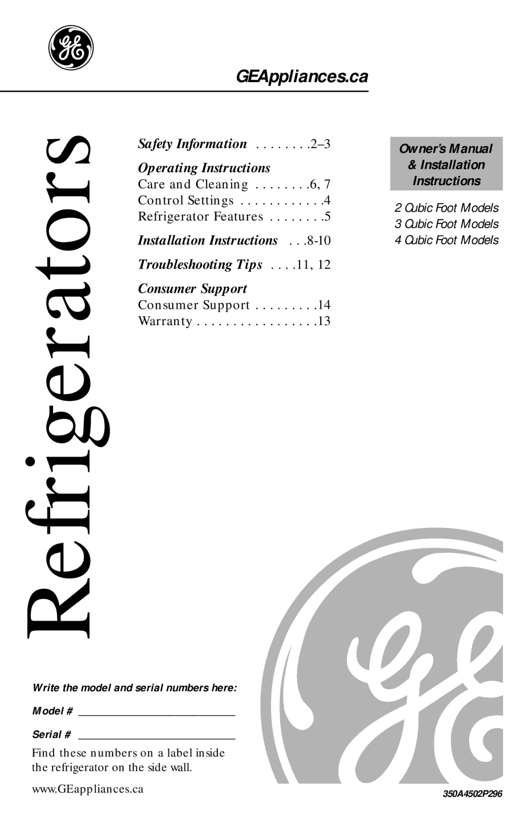 Camco 350A4502P296 owner manual Refrigerators, Write the model and serial numbers here Model # Serial # 