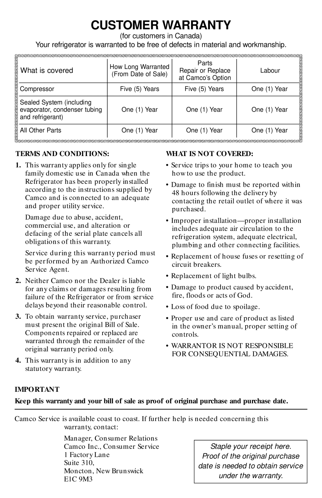 Camco 350A4502P296 owner manual Customer Warranty 