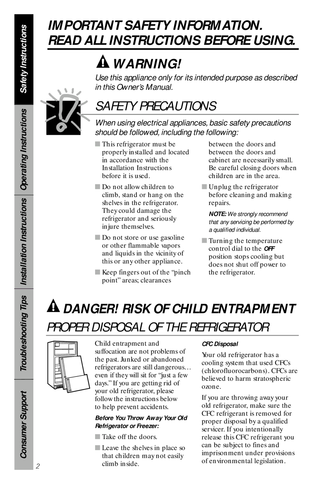 Camco 350A4502P296 Installation Instructions Operating, Consumer Support Troubleshooting, Refrigerator or Freezer 