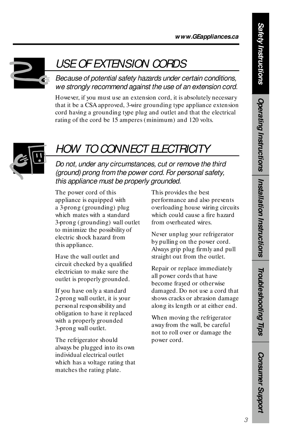 Camco 350A4502P296 owner manual USE of Extension Cords, Safety Instructions Operating Instructions 