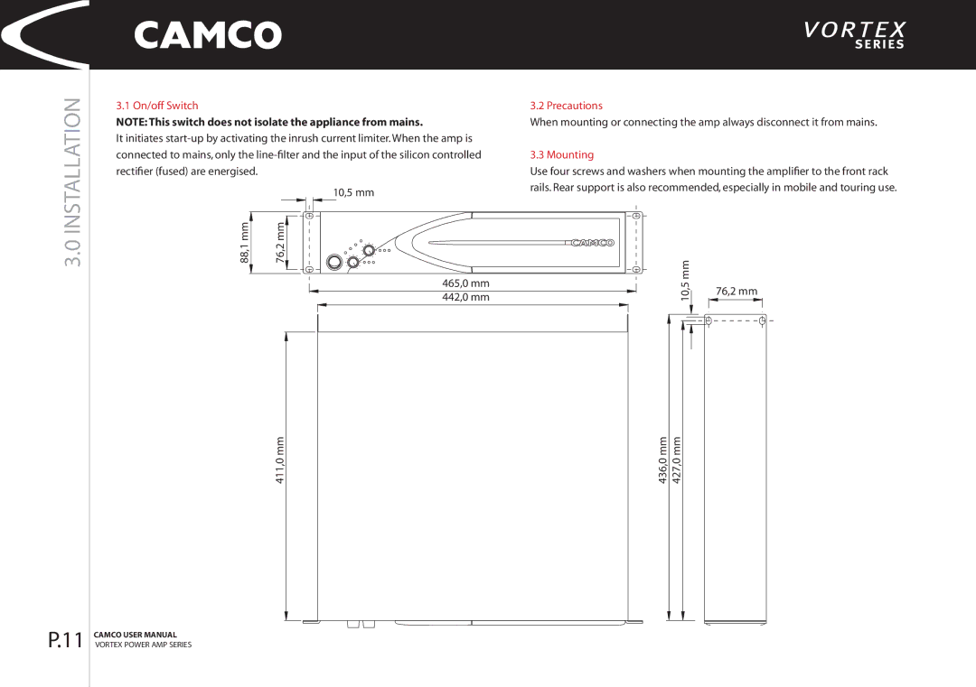 Camco 2.6, 4 manual Installation, On/off Switch, Precautions, Mounting 