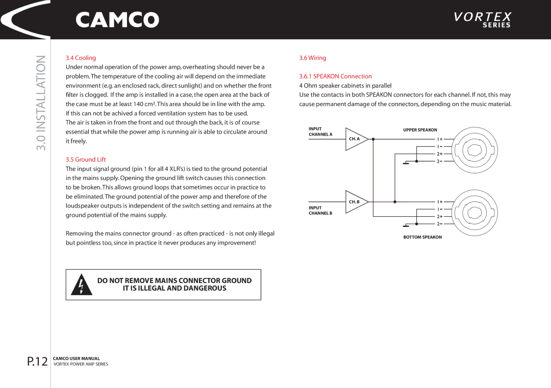 Camco 4, 2.6 manual Cooling, Ground Lift, Wiring Speakon Connection 