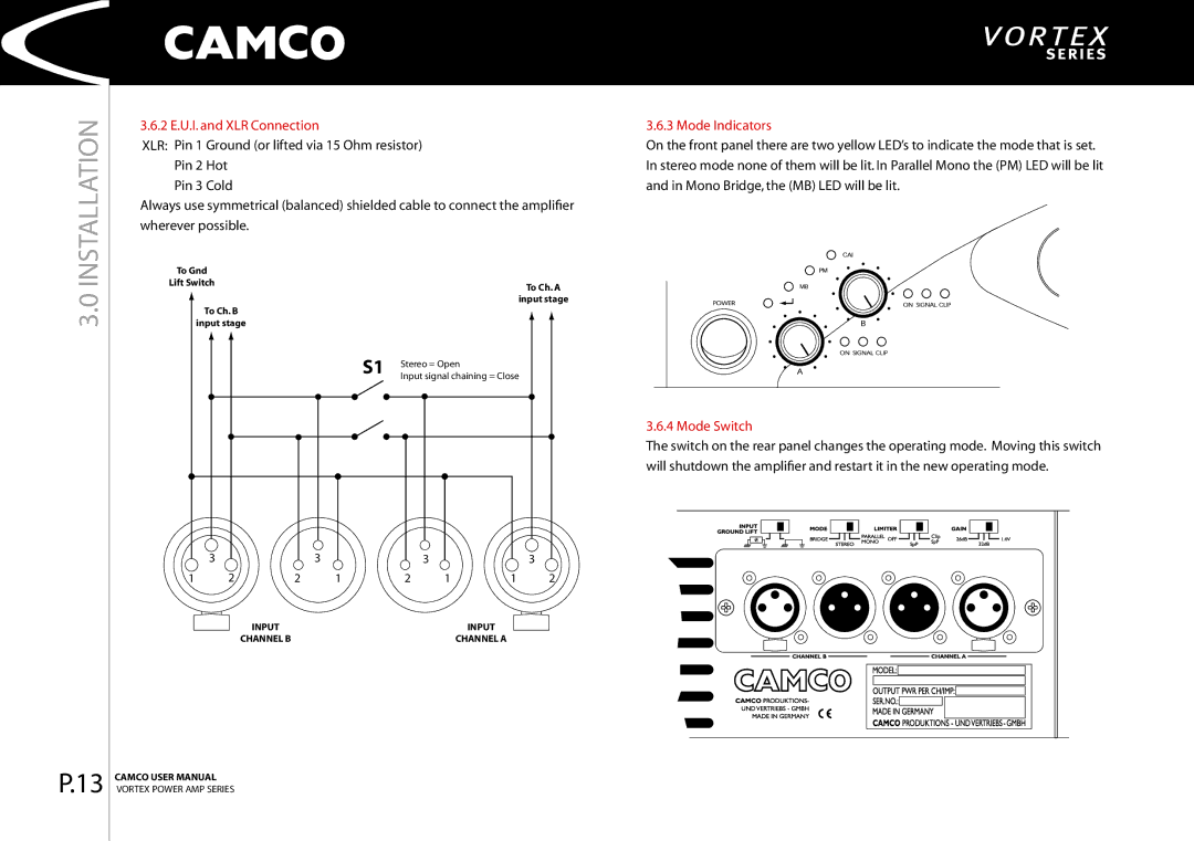 Camco 4, 2.6 manual 2 E.U.I. and XLR Connection Mode Indicators, Mode Switch 