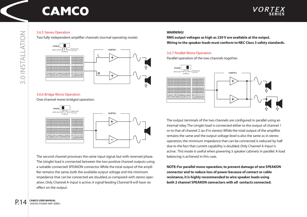 Camco 2.6, 4 manual Stereo Operation, Parallel-Mono Operation, Bridge-Mono Operation One-channel mono bridged operation 