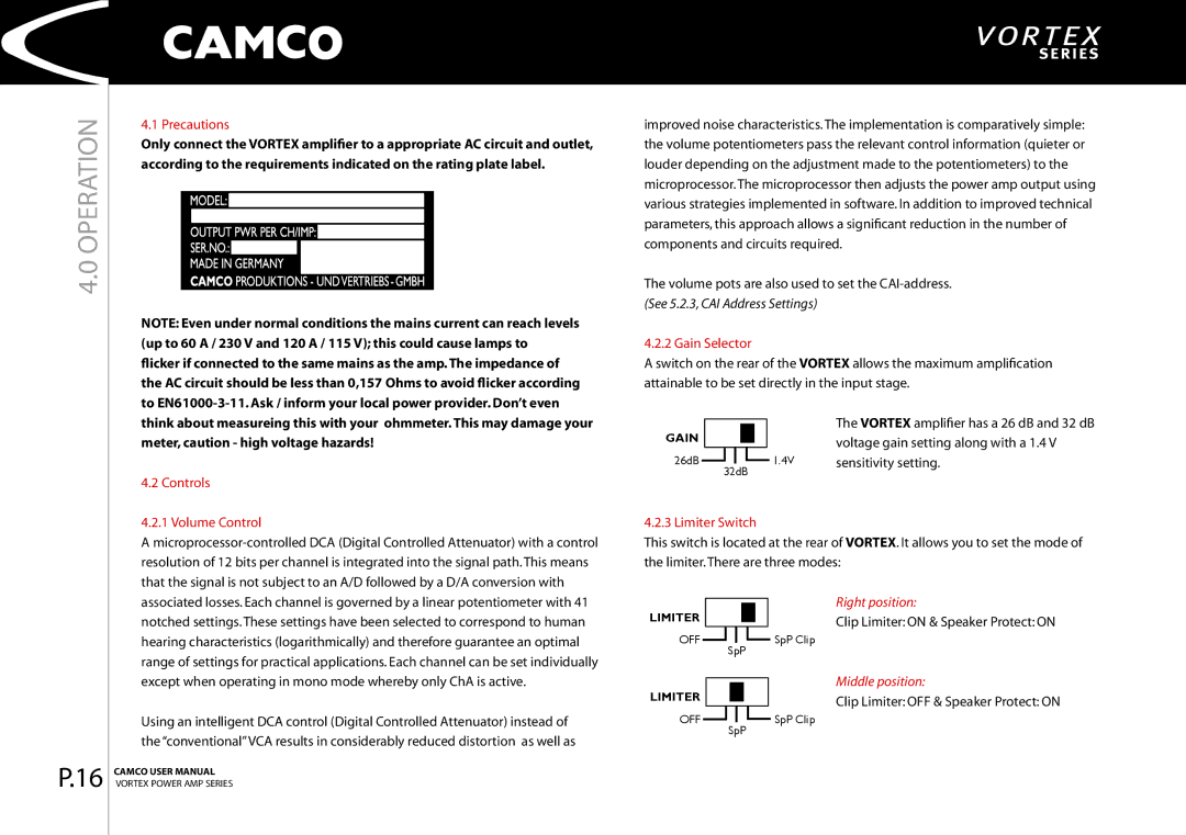 Camco 4, 2.6 manual Operation, Controls Volume Control, Gain Selector, Limiter Switch 