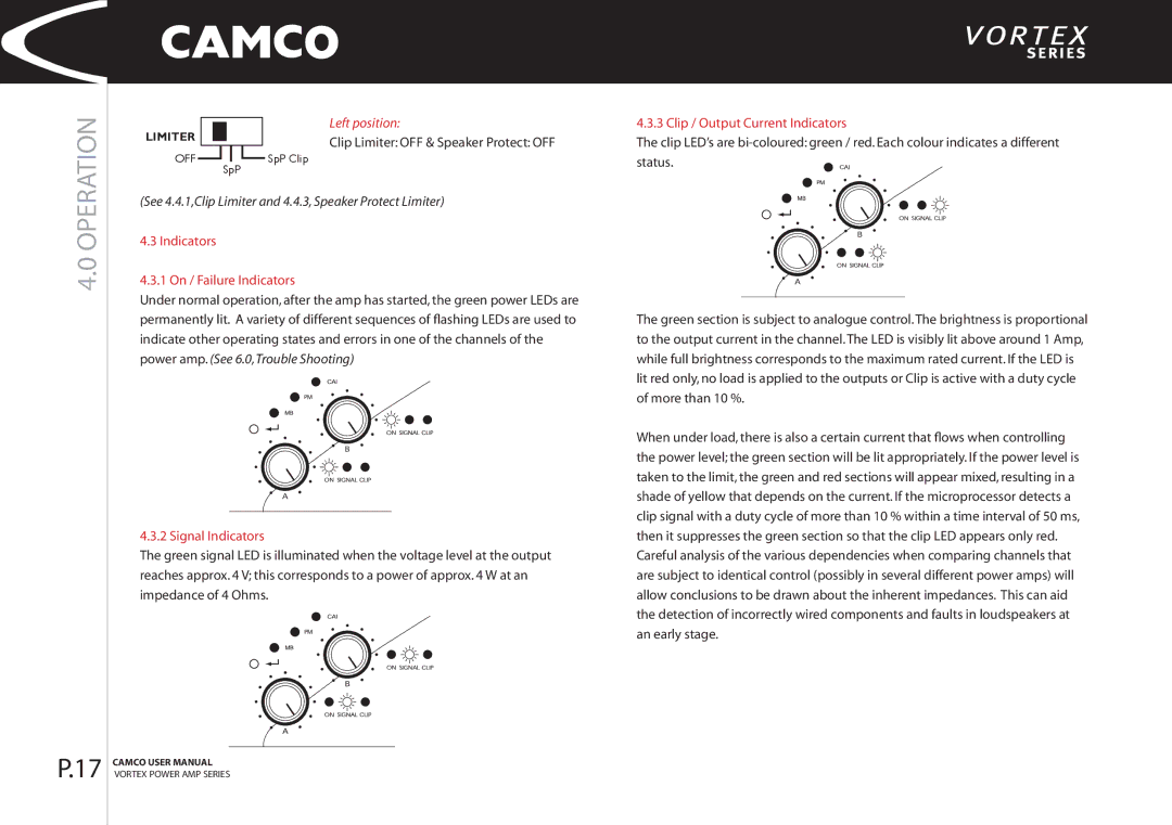 Camco 2.6 manual See 4.4.1,Clip Limiter and 4.4.3, Speaker Protect Limiter, Indicators 1 On / Failure Indicators 