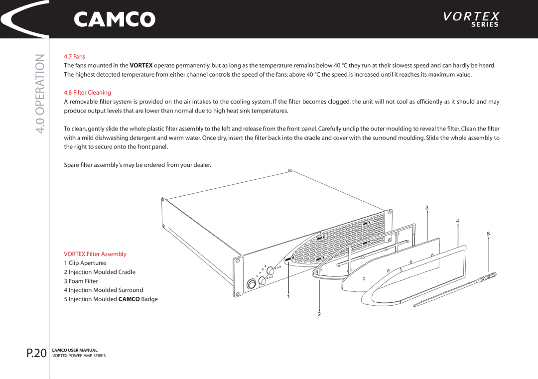 Camco 2.6, 4 manual Fans, Filter Cleaning, Vortex Filter Assembly 