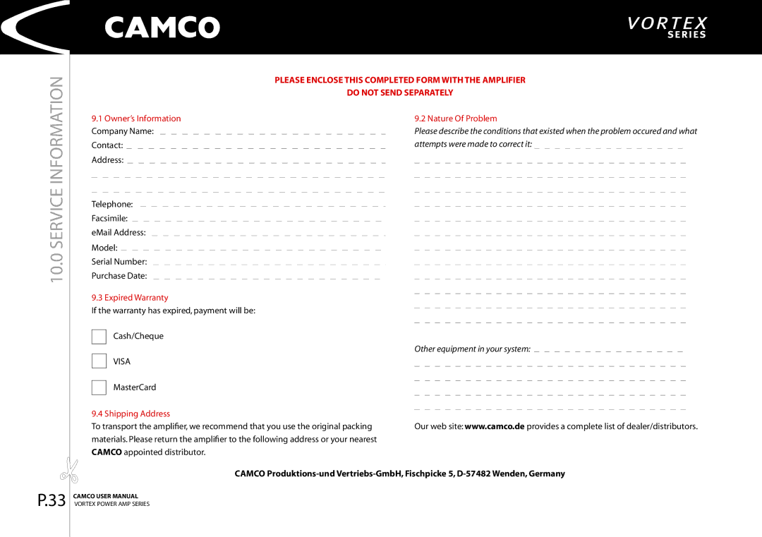 Camco 4, 2.6 manual Owner’s Information Company Name Contact, Expired Warranty, Shipping Address, Nature Of Problem 