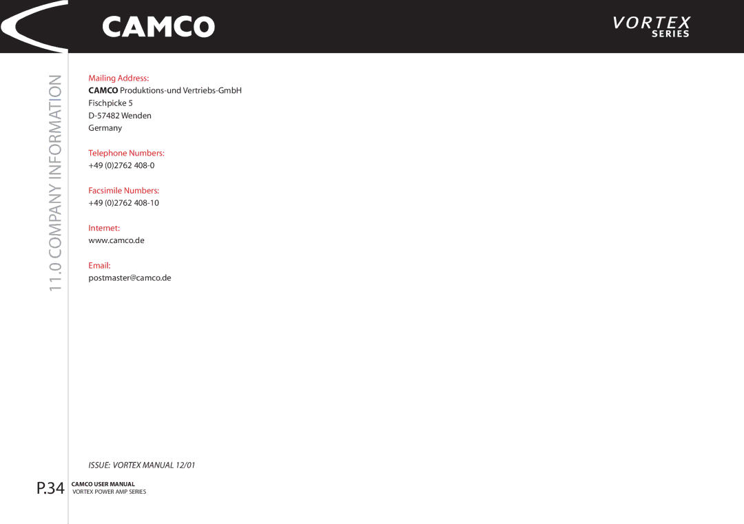 Camco 4, 2.6 manual Company Information, Mailing Address, Internet 