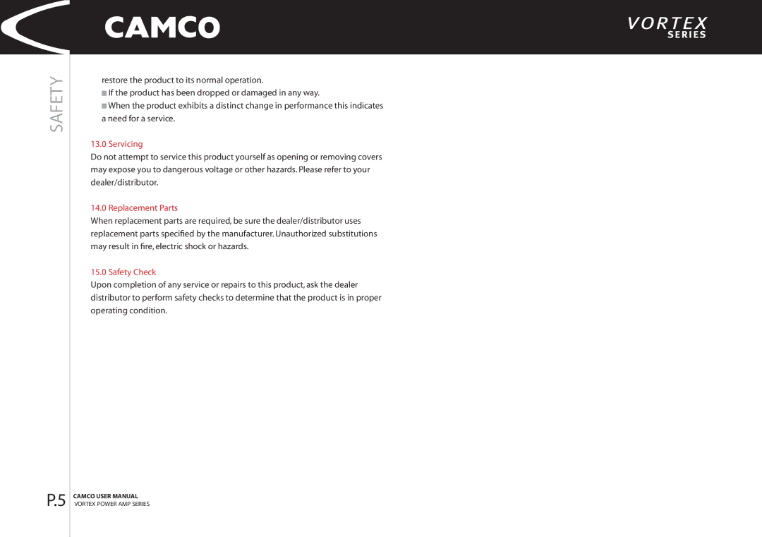 Camco 2.6, 4 manual Servicing, Replacement Parts, Safety Check 