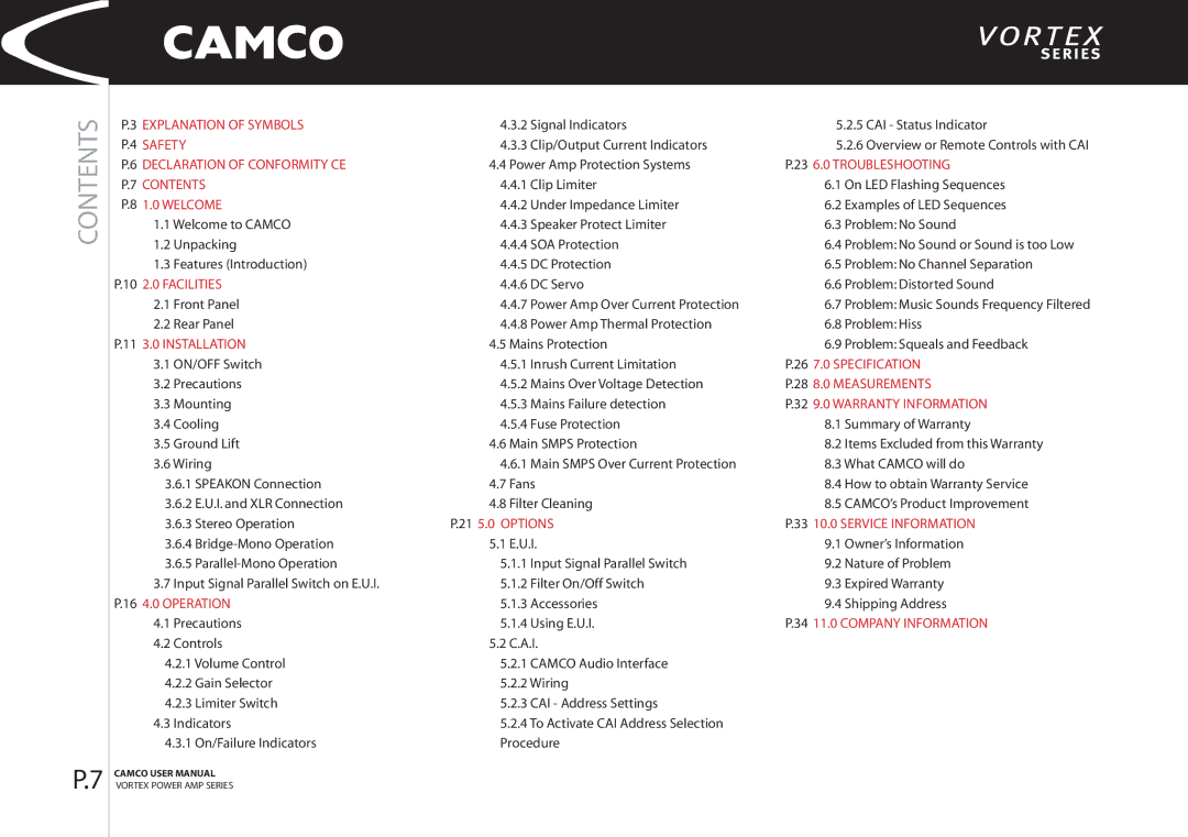 Camco 4, 2.6 manual Contents 