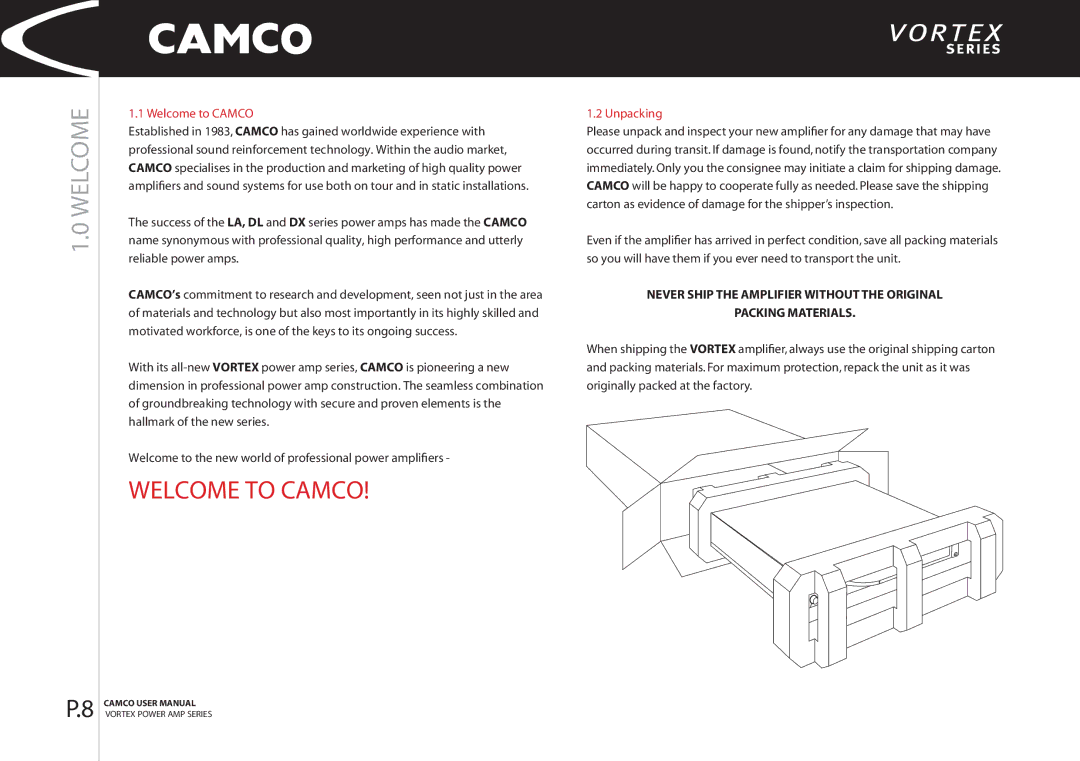 Camco 2.6, 4 manual Welcome to Camco, Unpacking 