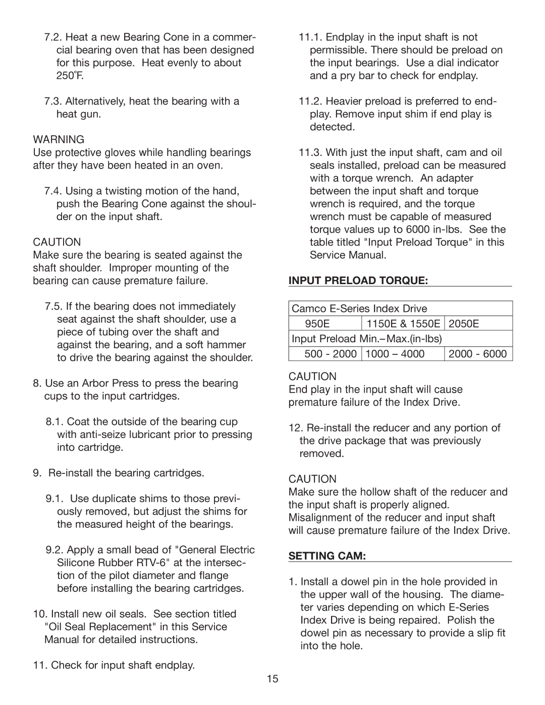 Camco 950E, 2050E, 1550E, 1150E service manual Input Preload Torque, Setting CAM 