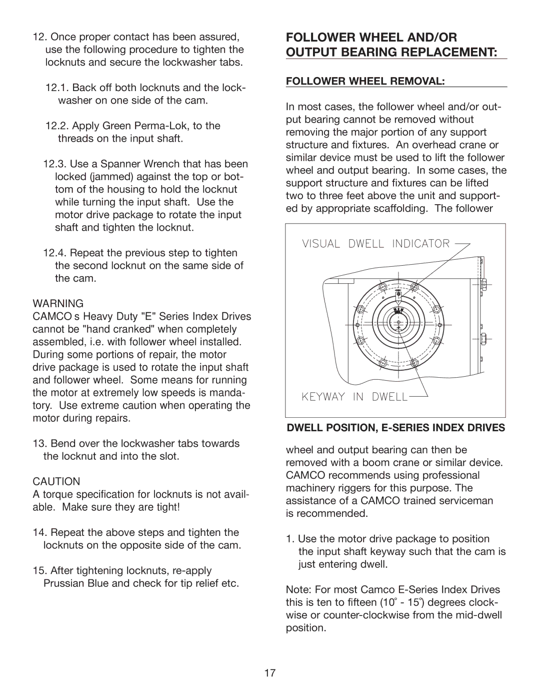 Camco 1550E, 950E, 2050E, 1150E service manual Follower Wheel Removal, Dwell POSITION, E-SERIES Index Drives 