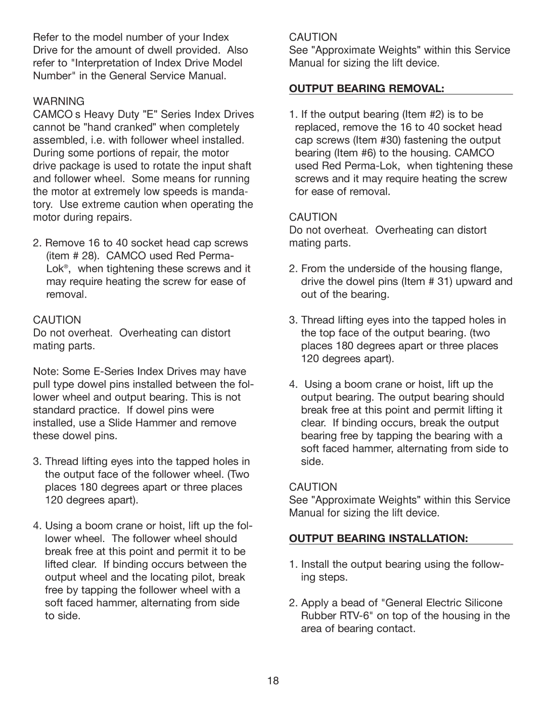 Camco 1150E, 950E, 2050E, 1550E service manual Output Bearing Removal, Output Bearing Installation 
