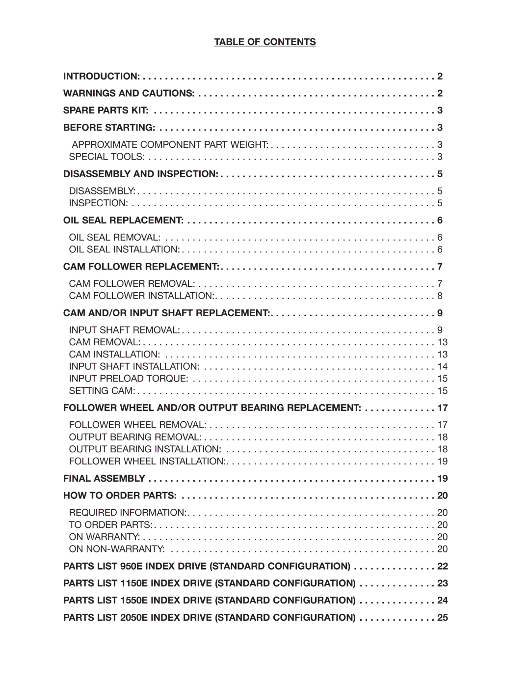 Camco 1550E, 950E, 2050E, 1150E service manual Table of Contents 