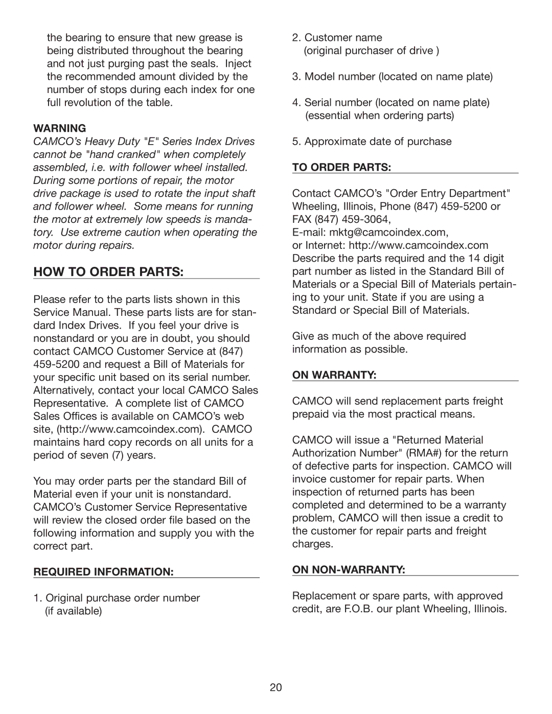 Camco 2050E, 950E, 1550E, 1150E HOW to Order Parts, Required Information, To Order Parts, On Warranty, On NON-WARRANTY 