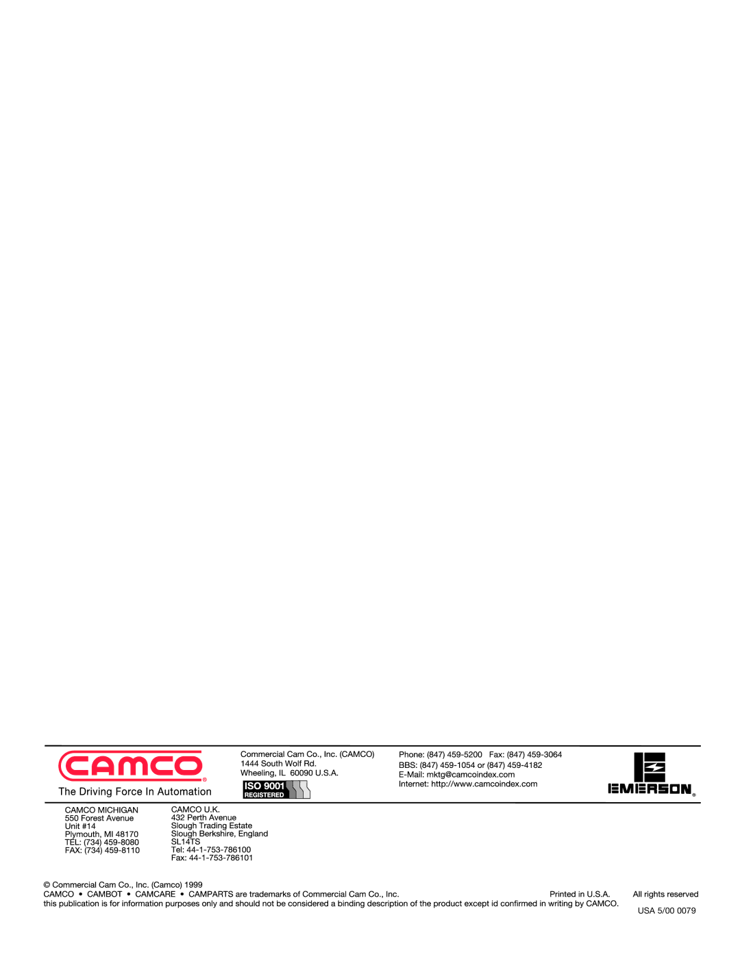 Camco 1150E, 950E, 2050E, 1550E service manual USA 5/00 