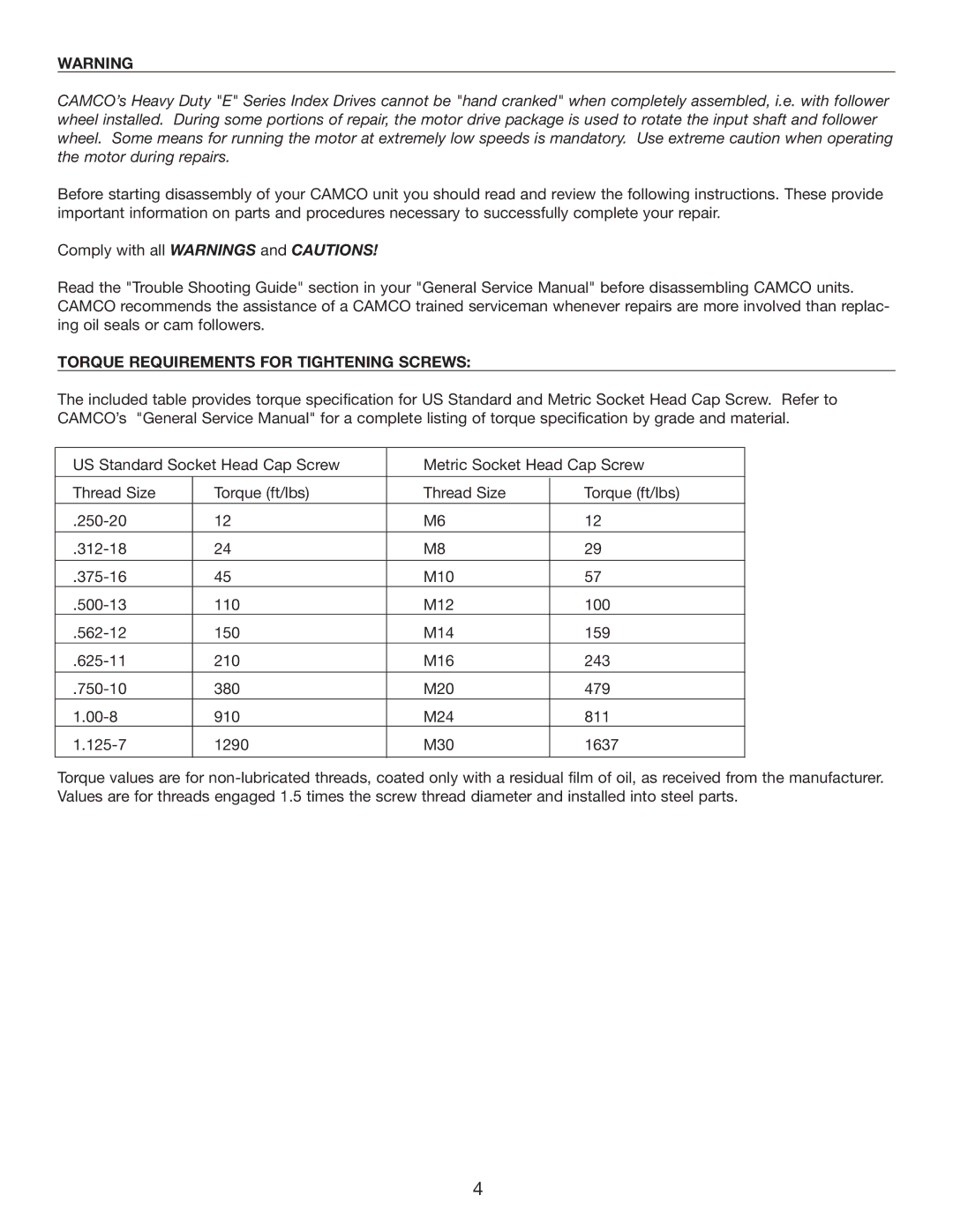 Camco 2050E, 950E, 1550E, 1150E service manual Torque Requirements for Tightening Screws 