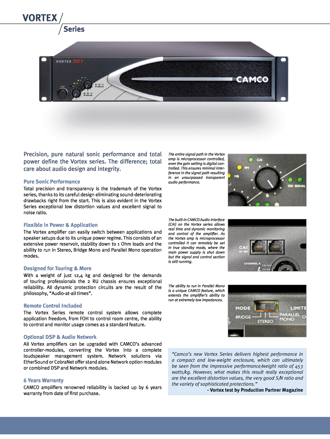 Camco Amplifier manual Vortex, Series, Pure Sonic Performance, Flexible in Power & Application, Designed for Touring & More 