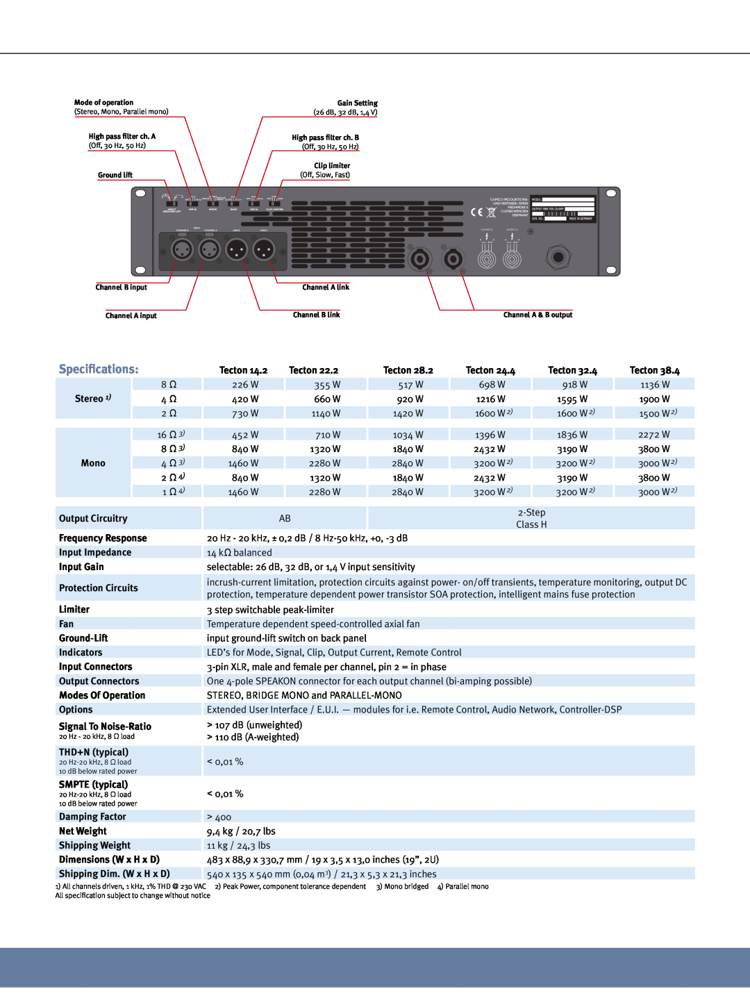 Camco Amplifier manual Specifications, Tecton 