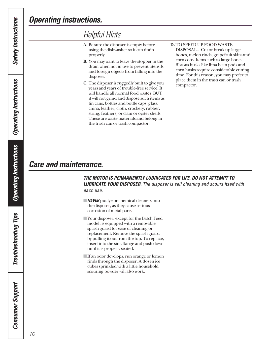 Camco GFB762F, GFC500F, GFC700F, GFC1022F owner manual Helpful Hints, Care and maintenance 