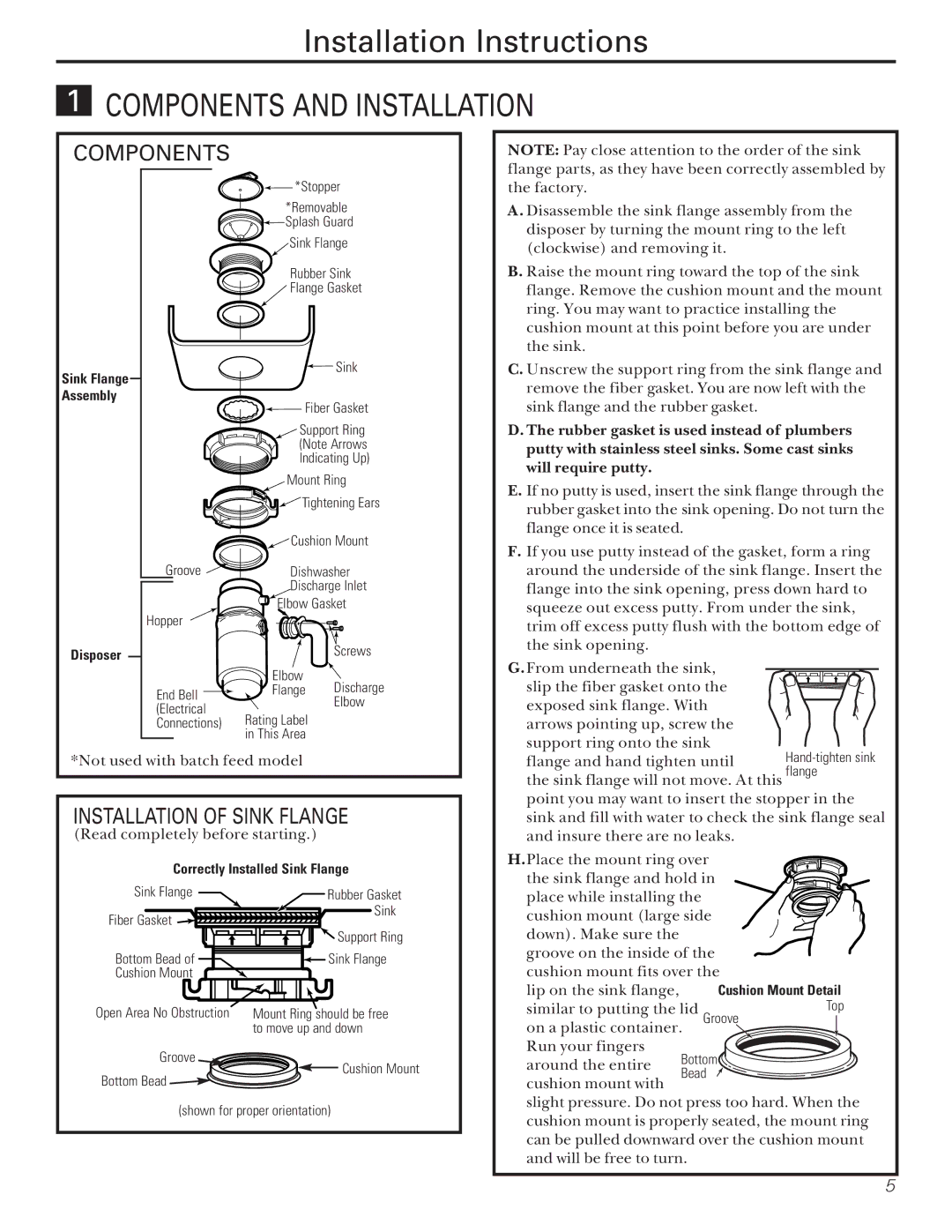 Camco GFC700F, GFC500F, GFB762F, GFC1022F owner manual Components and Installation, Installation of Sink Flange 