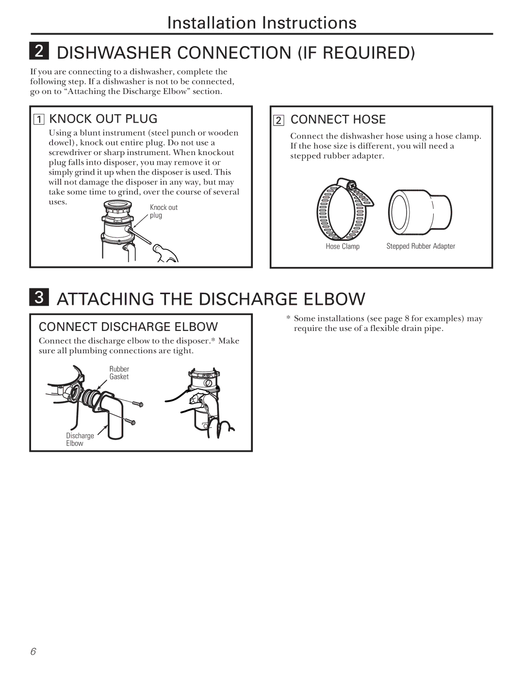 Camco GFB762F, GFC500F Dishwasher Connection if Required, Attaching the Discharge Elbow, Knock OUT Plug, Connect Hose 