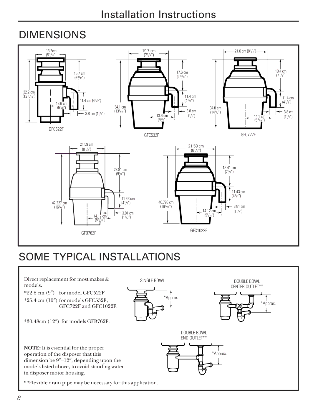 Camco GFC500F, GFC700F, GFB762F, GFC1022F owner manual Dimensions, Some Typical Installations 