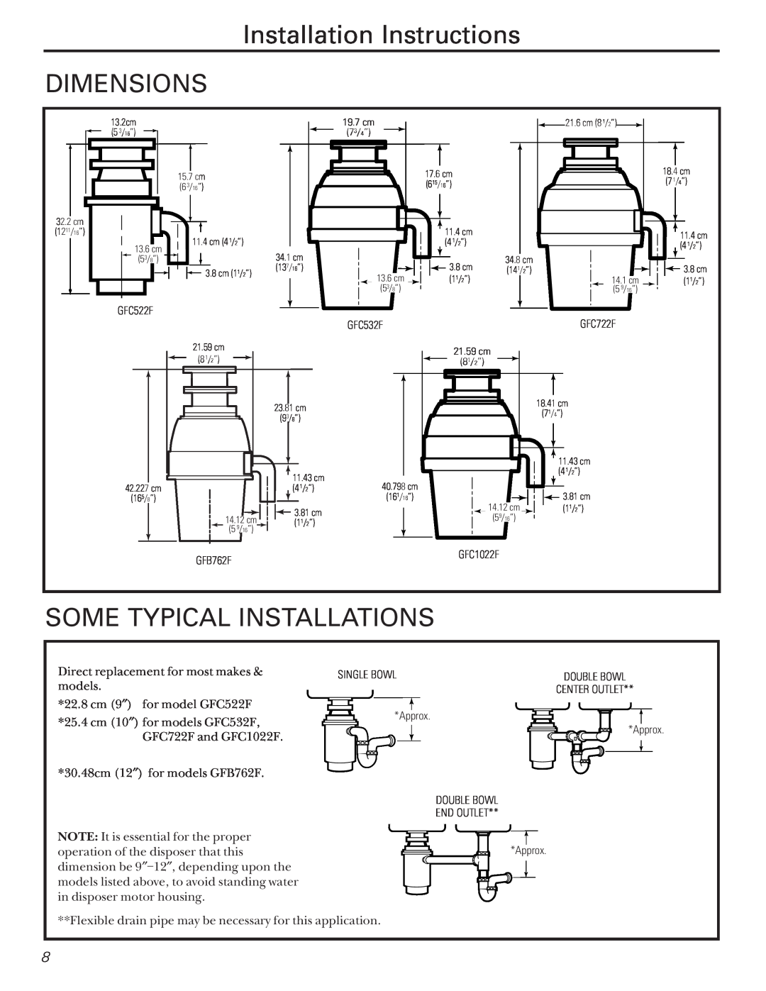 Camco GFC500F, GFC700F, GFB762F, GFC1022F owner manual Installation Instructions DIMENSIONS, Some Typical Installations 