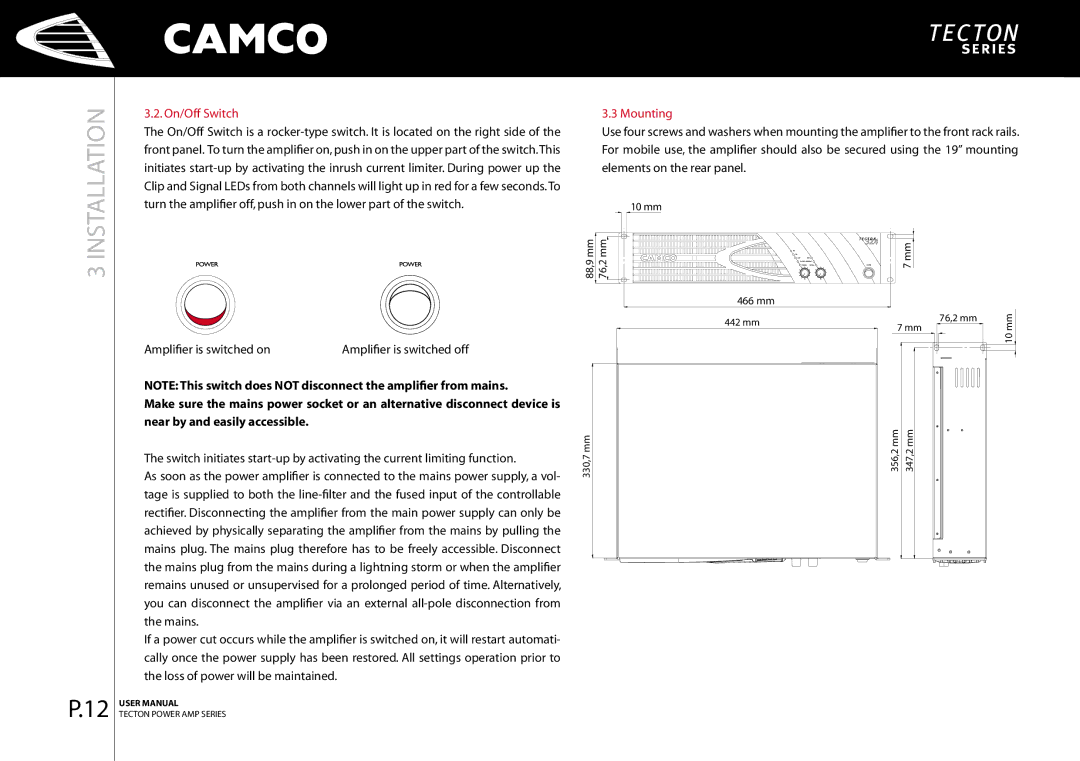 Camco P.2 Series, P.9 Series, P.5 Series, P Series, P.0 Series, P.7 Series, P.3 Series, P.4 Series manual On/Off Switch, Mounting 