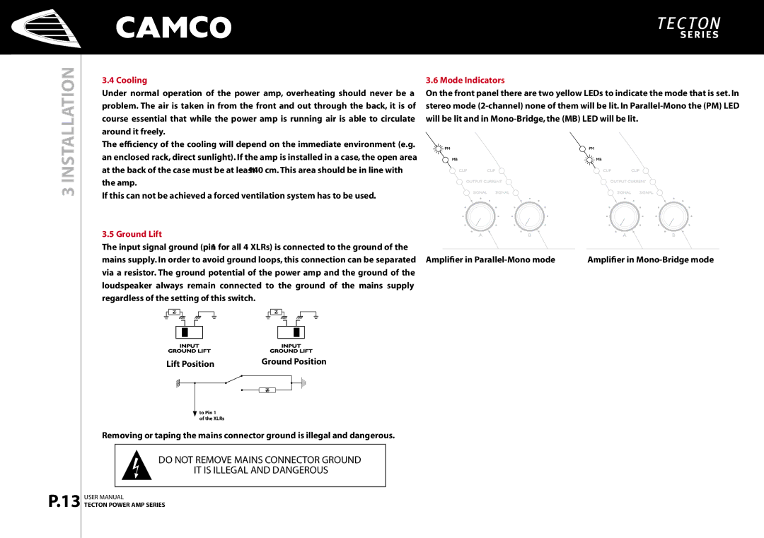 Camco P.7 Series, P.9 Series, P.5 Series, P Series, P.0 Series, P.2 Series, P.3 Series Cooling, Ground Lift, Mode Indicators 